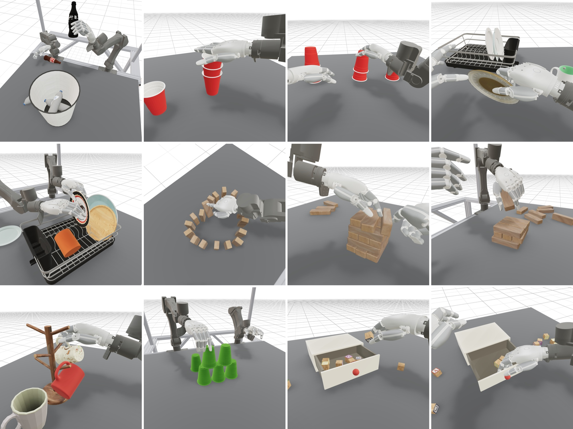 Simulated bimanual dexterous robots performing diverse manipulation tasks